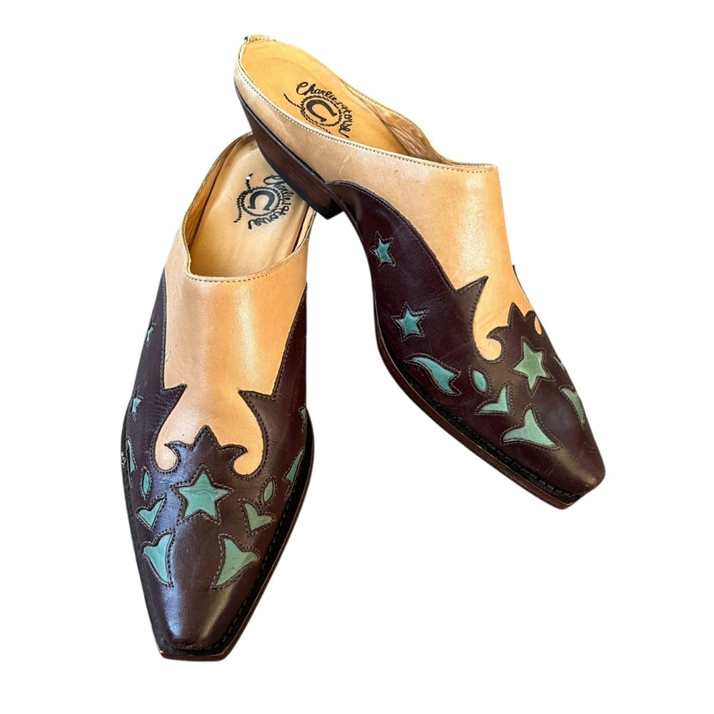 CharroStyle Two-Tone Tan and Brown Leather Mules with Turquoise Accents
